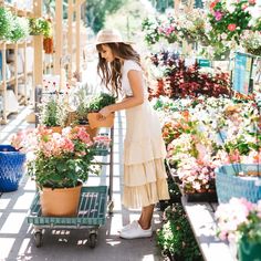 a woman in a hat is looking at potted plants