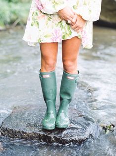 girl wearing green hunter boots and floral dress http://itgirlweddings.com/georgian-engagement-session/ House Of Worth, Spring Rain, Rain Gear, Wellington Boots, Wear Green, April Showers, Wet Weather, Girls Wear