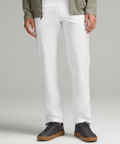 Welcome to the all-day comfort club. Previously known as the Commission Pant, we've removed the back-knee seam from these trousers for a more elevated look. Designed for Casual. You asked, we listened. Based on guest feedback, this classic fit still has a streamlined look from hip to hem, but now has a roomier feel in the glutes and thighs.:Our ABC technology uses an ergonomic gusset to remove tension from the crotch of our pants. Discreet zippered pocket on side seam. Back welt pockets with hidden snaps. Flip up the cuffs to reveal reflective details. This garment was treated with No-Stink Zinc to inhibit the growth of odour-causing bacteria on the fabric. Belgian Blue, Breathing Room, Lululemon Pants, Leg Work, The Abc, Fitted Trousers, Leggings Shop, Long Tops, Welt Pockets