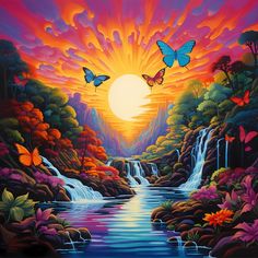 a painting of butterflies flying over a waterfall in front of a sunset with the sun behind them