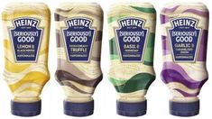 three bottles of heinz's seriously good are lined up in a row on a white background