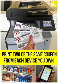 an image of a printer with coupons on it and the text print two of the same coupon from each device you own