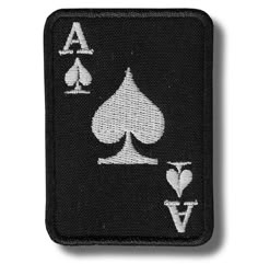 a black and white ace playing card patch with two hearts on each side, in the middle