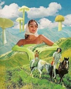 a woman riding on the back of a horse next to two other people and mushrooms