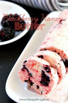 blackberry honey butter ice cream roll on a white plate