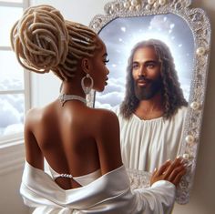 a painting of jesus and a woman in front of a mirror with pearls on it