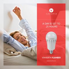 a woman laying in bed next to a white light bulb with the words, a day is set to 25 hours