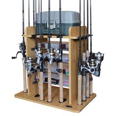 a wooden rack with fishing rods and reels attached to it