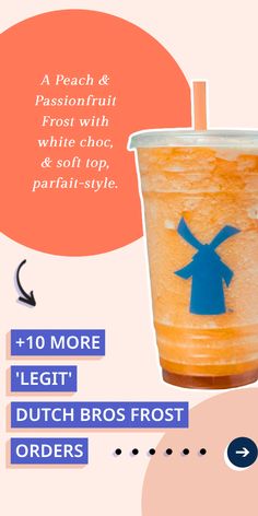 a cup with an orange and blue frosting on it, next to the words peach & passionfruit