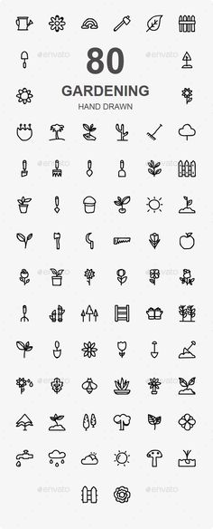 a large set of black and white icons with the words gardening written on them in different languages