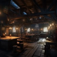 an old fashioned kitchen and dining room in a medieval - style house with wood flooring