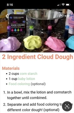 the ingredients for two ingredient cloud dough are shown in this screenshot, which shows how to mix them together