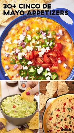 mexican food with the title in spanish above it and pictures of different types of dips