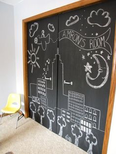 two chalkboard doors with the words aaron's room written on them