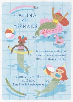 a birthday card with mermaids swimming in the water