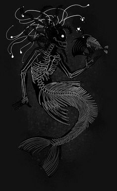 a skeleton mermaid holding a fish in her hand and looking at it's tail