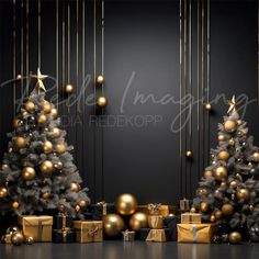 two christmas trees with gold and silver ornaments in front of a black wall, surrounded by presents