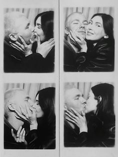 four black and white photos of people kissing each other