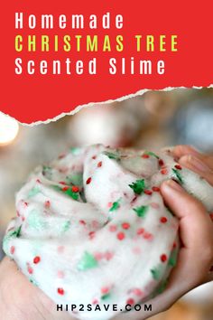 someone is holding a homemade christmas tree sprinkled slime in their hand with the text, homemade christmas tree scented slime