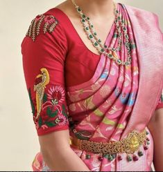 Blouses For Paithani Sarees, Full Zari Blouse Designs, Parrot Design Aari Work Blouse, Parrot Blouse Design, Pastel Pink Combination, Paithani Blouse Work Designs, Only Thread Work Blouse Designs, Paithani Blouse Designs Latest, Simple Maggam Work Blouses