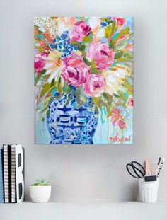 Saturday Bouquet Canvas Wall Art - GreenBox Art Pink And Blue Fall Decor, Paintings For Grandma, Topiary Painting, Painting For Office Wall, Ginger Jar Painting, Cloisonne Art, Jar Painting, Oil Still Life, Still Life Pictures