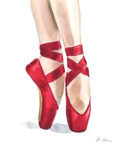 a painting of a woman's red high heeled shoes with one foot in the air