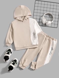 Khaki Casual Collar Long Sleeve  Colorblock,Letter  Embellished Slight Stretch  Toddler Boys Clothing Boys Fashion 2023, Kids Fashion Boy Outfits, Kids Clothes Patterns, Boys Tracksuits, Pajama Outfits, Hoodie And Sweatpants, Clothing Photography, Boys Set