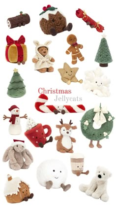 christmas stuffed animals are arranged in rows on a white background with the words christmas jellyeats written below them