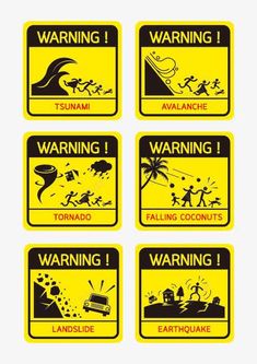 four warning signs are shown in yellow and black