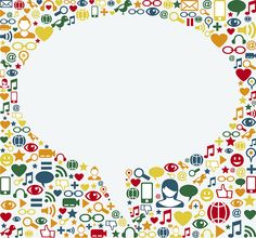 a speech bubble made up of various social media icons in different colors and sizes, with an empty space for the text