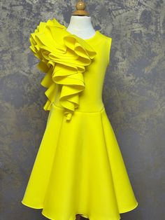 beautiful interview dress with unique ruffles.  Zipper back.   Color: yellow. Fabric: neoprene. Can  be made special for your little girl in any size and color. Recommendations for care: Hand washing in cold, warm water, soft or steam iron. Pageant Outfits, Outfit Yellow, Interview Dress, Unique Dress, Scuba Dress, Steam Iron, Pageant Dresses, Yellow Fabric, Unique Dresses