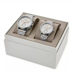 Perfect Gift! Fossil Couple Gift Set His/Her Fenmore Stainless Steel Silver Watch Bq2468set. Condition Is New With Tags And Box. Product Details Collection: Fenmore Midsize Movement Type: Quartz/Multi Case Size: 44mm Strap Material: Stainless Steel Water Resistant: 5 Atm This Gift Set Features 44mm And 36mm Fenmore Midsize Watches, With Matching White Satin Dials, Multifunction Movement And Silver-Tone Stainless Steel Bracelets. Couple Watches Set, Matching Watches, Fossil Watches Women, Brown Leather Watch, Ceramic Watch, Watch Gift, Bag Belt, Mens Watches Black, Fossil Watches