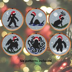 six cross - stitch christmas ornaments with an image of a cat and dog on them