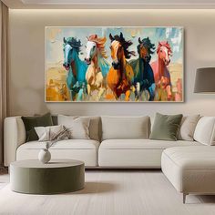 Large Colorful Running Horses Oil Painting for Sale Modern Colorful Horses Canvas Wall Art Decor Interior Texture Walls, Painting Textured Walls, Horse Oil Painting, Horse Wall Art Canvases, Horses Running, Majestic Creatures, Plaster Wall Art, Plaster Art, Horse Coloring