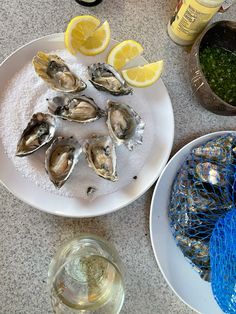 two plates with oysters and lemon wedges on the side next to wine glasses