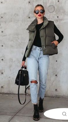 Hockey Game Outfit Date, Olive Vest Outfit, Vest Puffer Outfit Ideas, Simple Date Night Outfit, Puffy Vest Outfit, Rainy Day Outfit For Spring, Black Puffy Vest, Puffer Outfit, Olive Vest