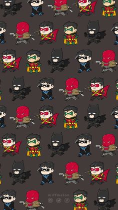 an image of many different cartoon characters on a gray background with black and red colors