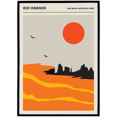 an orange and black poster with birds flying in the sky above it, on a white background