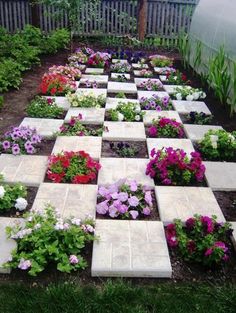 a garden with many different types of flowers and plants growing on it's sides