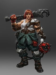 a female character holding a large wrench in one hand and a hammer in the other