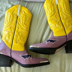 Wandering Coyote Cowboy Boots. So Soft So Stunning. True To Size. Scuffs Pictured Excellent Condition #Wanderingcoyote #Westernboots Yellow Purple, Western Boots, Shoes Heels Boots, Color Purple, Cowboy Boots, Shoes Women Heels, Heeled Boots, Cowboy, Shoes Heels