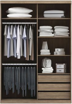 an organized closet with clothes and pillows