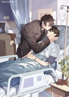 two people in a hospital bed one is holding the other's head and kissing