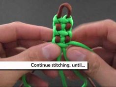 someone is holding a green piece of yarn in their hands, with the words continue stitching until