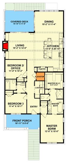 the first floor plan for a house with two master suites and an attached living area