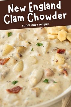 a bowl of clam chowder with text overlay