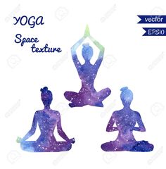 three silhouettes of yoga people in the lotus position with space behind them, on a white