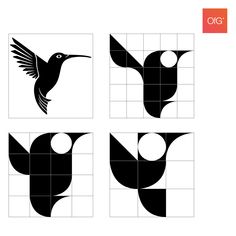 four black and white squares with birds on them, each one has an image of a bird