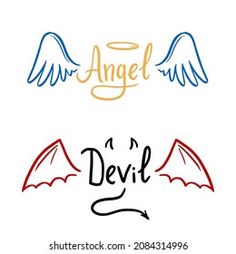 two different logos with wings and the words angel, devil on each one's side