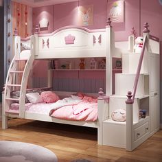 a child's bedroom with pink walls and white bunk beds